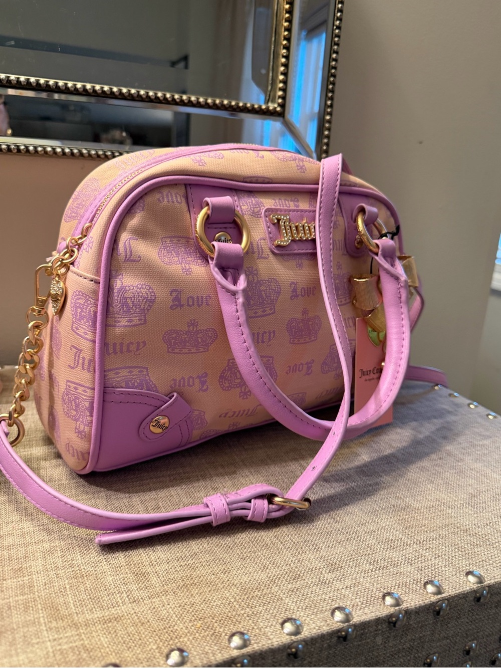 Exclusive Juicy Couture Pink and Cream Logo Bow Charm Crossbody Bag - Picture 11 of 13